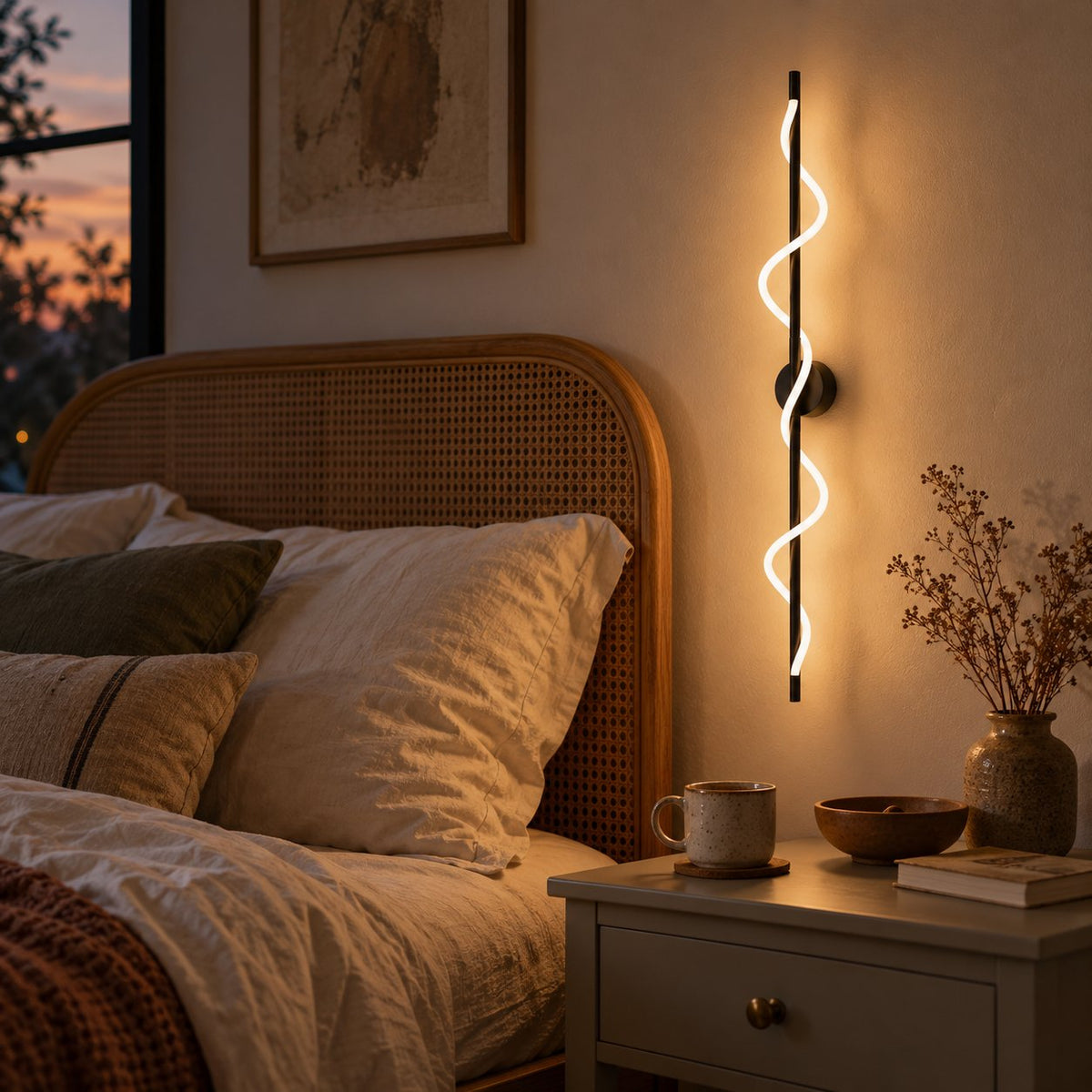 Alvito black linear sconce glowing warm beside a bed at dusk.