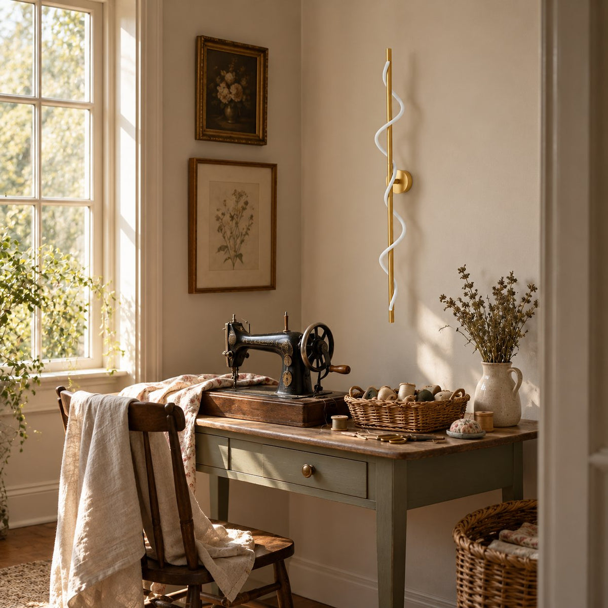 Alvito brass linear sconce with wavy light above a vintage sewing table.