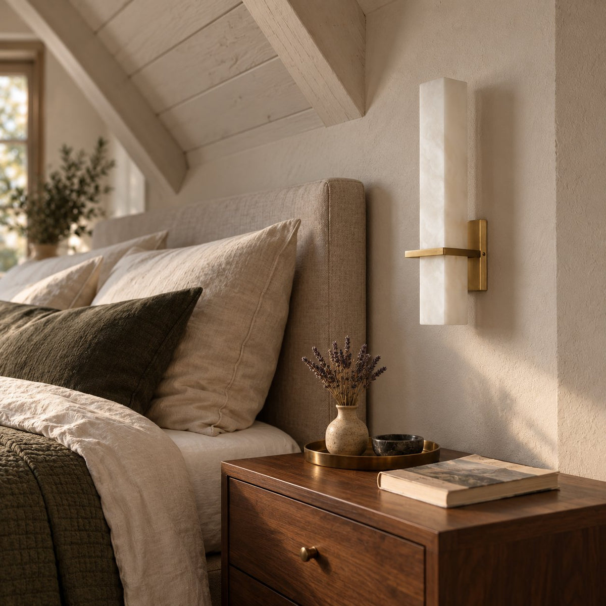 Amieira alabaster wall sconce with brass arm in a candlelit attic bedroom.