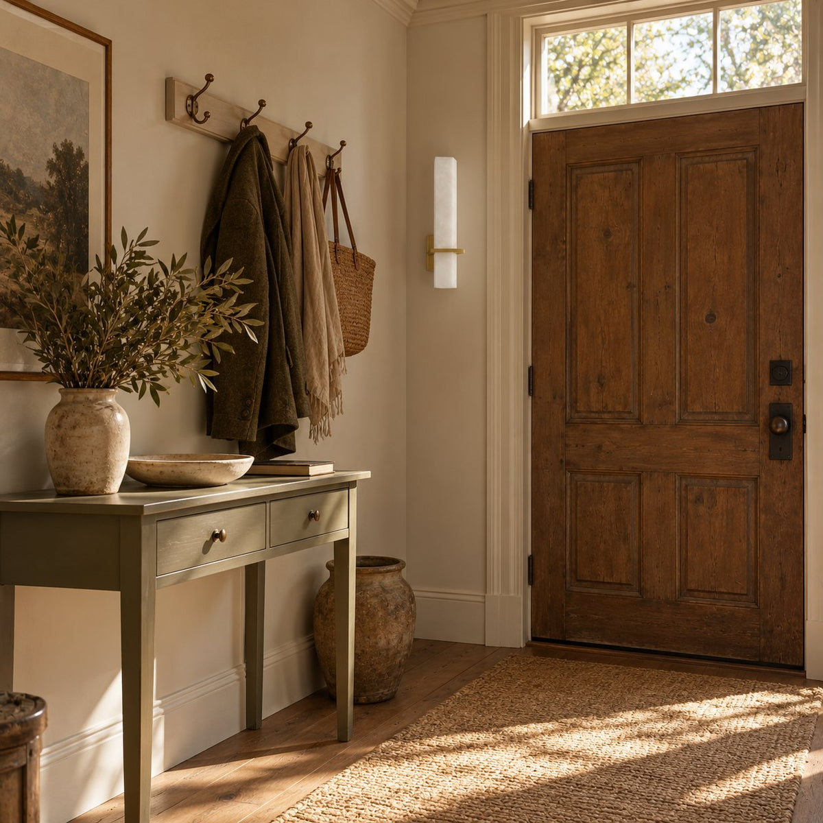 Amieira alabaster wall sconce with brass arm beside a front door and coat hooks in an entryway.