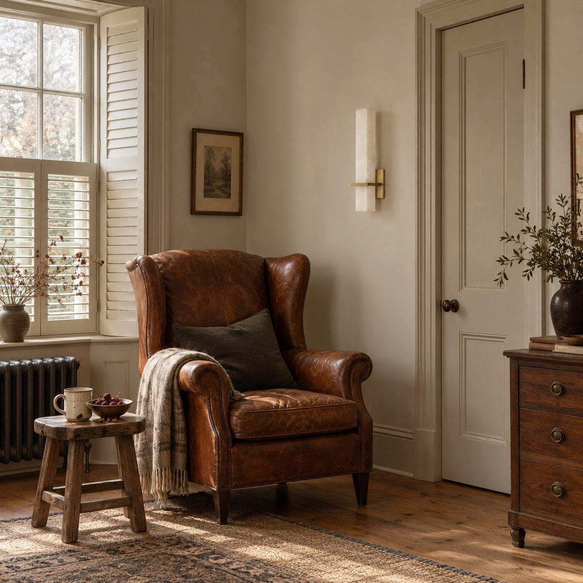 Amieira alabaster wall sconce with brass arm beside a leather wingback chair.