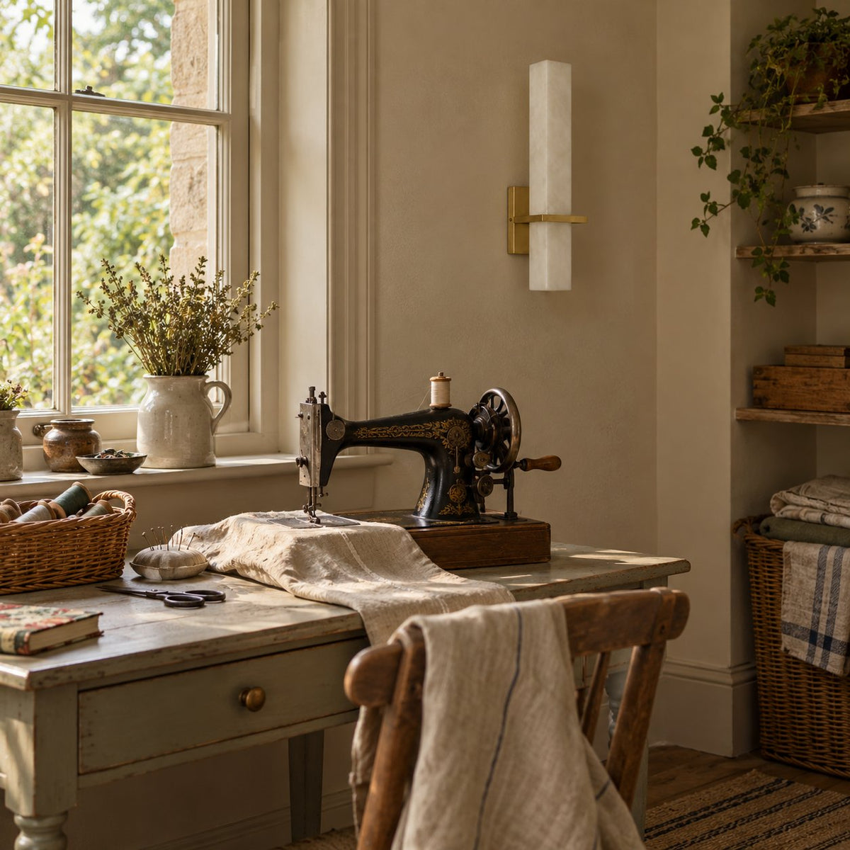 Amieira alabaster wall sconce with brass arm above a vintage sewing table.
