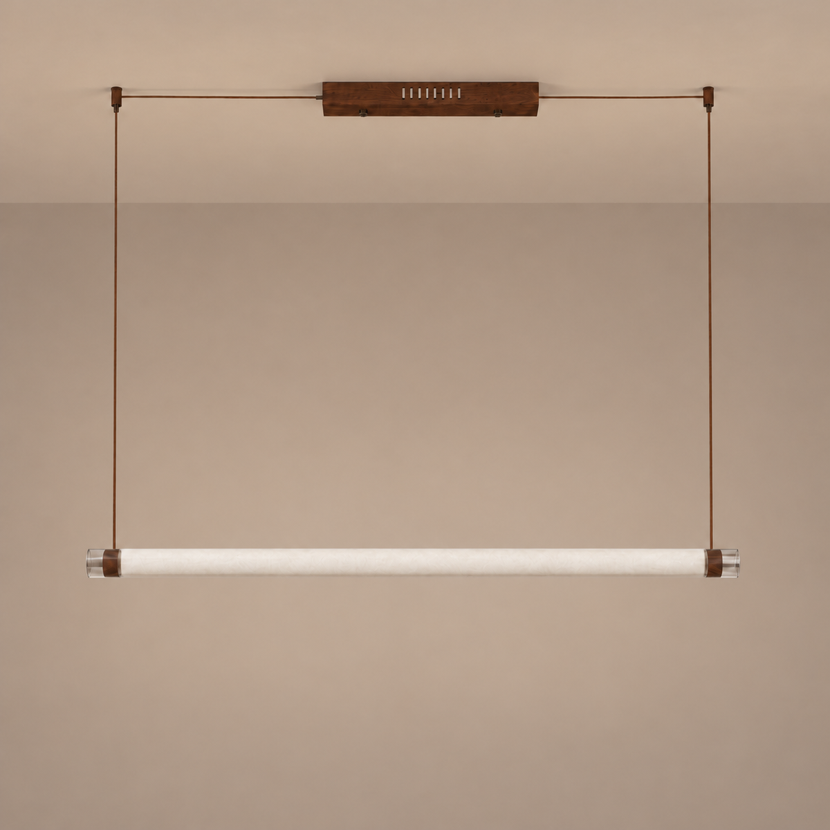 Unlit ivory tube pendant with a walnut-tone canopy, brown suspension and transparent open ends, complete fixture against a taupe background