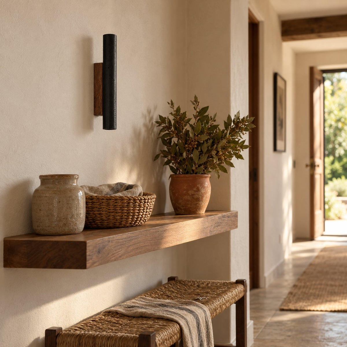 Arraiolos black travertine wall sconce with walnut back beside an entryway shelf.