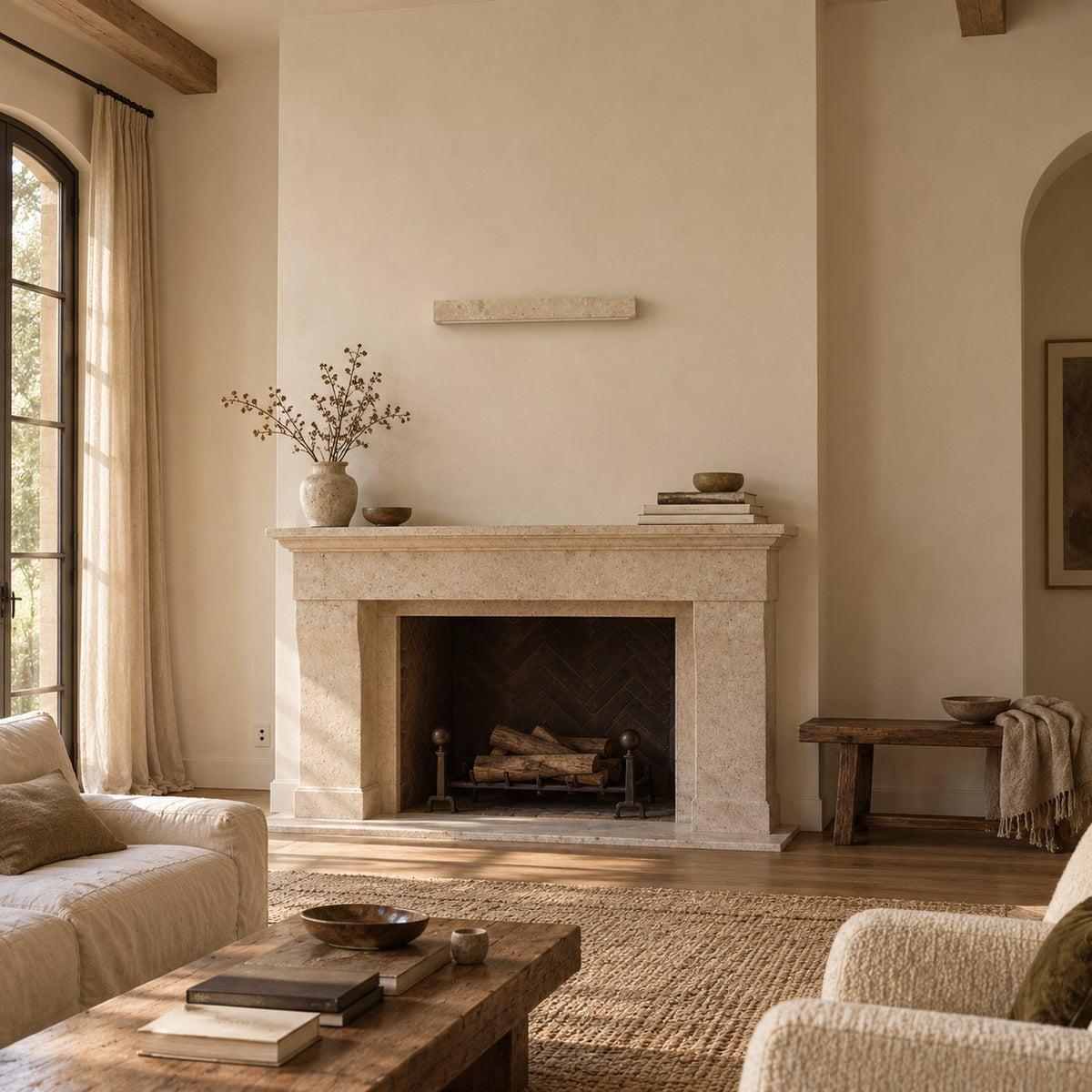 Barrancos travertine linear sconce mounted above a living room fireplace mantel.
