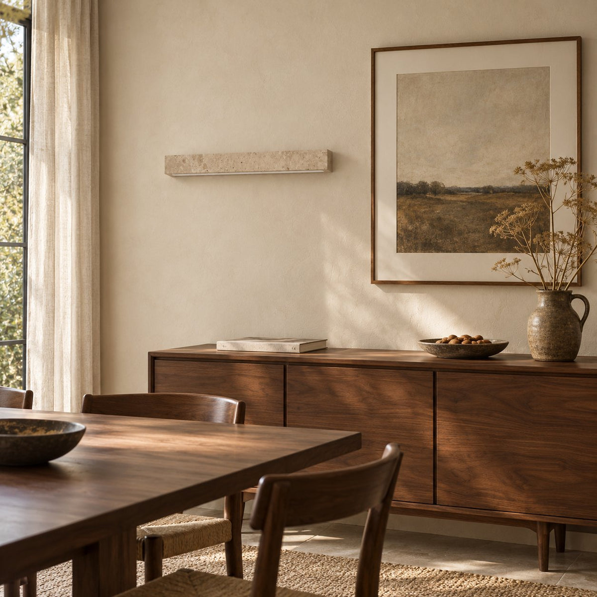 Barrancos travertine linear sconce above a walnut dining room sideboard.