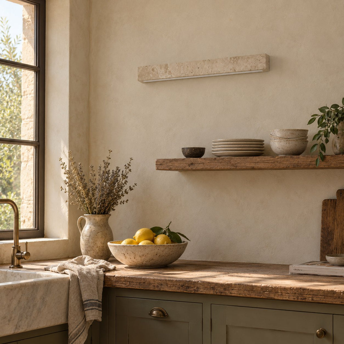 Barrancos travertine linear sconce on a kitchen wall above open shelving.