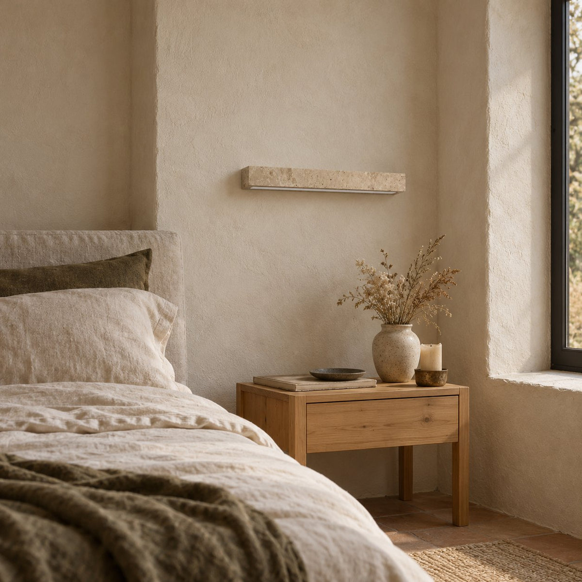 Barrancos travertine linear sconce above a wood nightstand beside the bed.