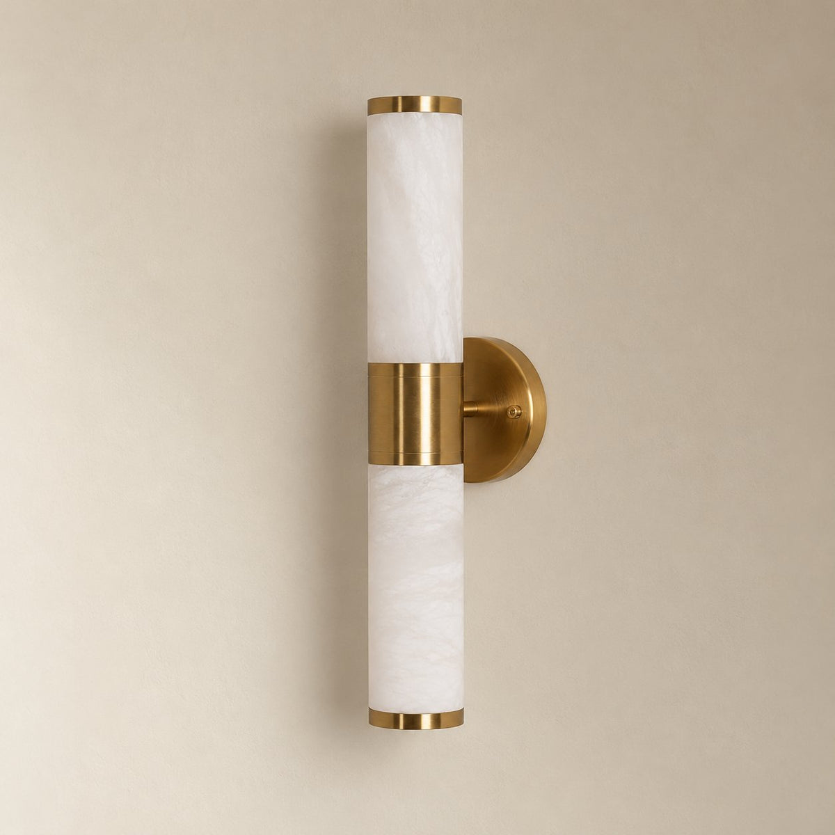 Beja alabaster wall sconce, 48 cm, two shades, unlit on a plain plaster wall.