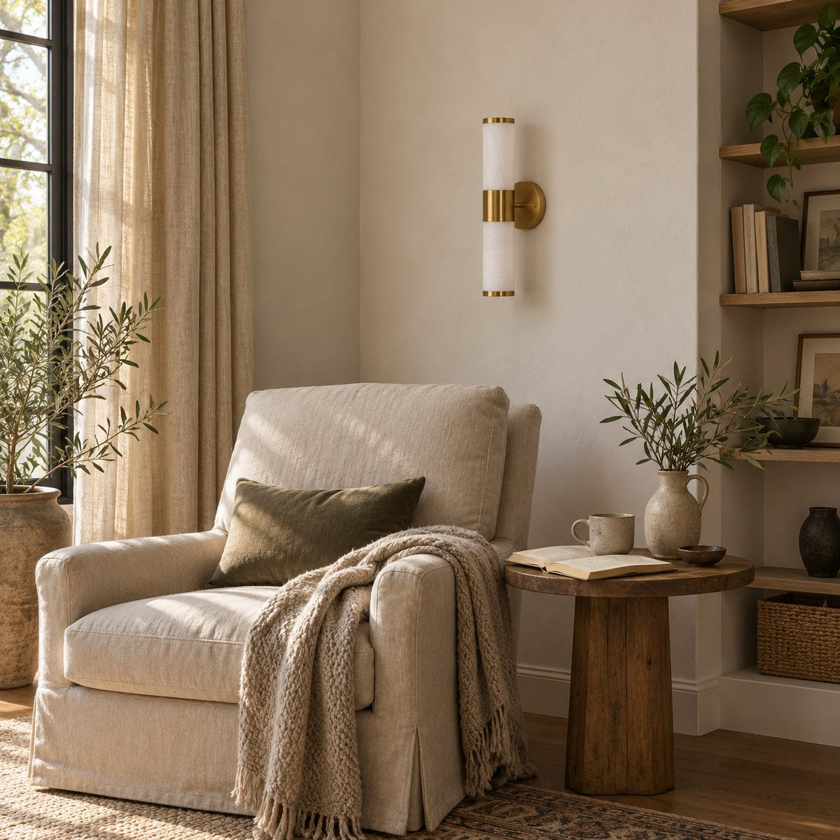 Beja alabaster wall sconce with brass bands beside a reading armchair and bookshelf.