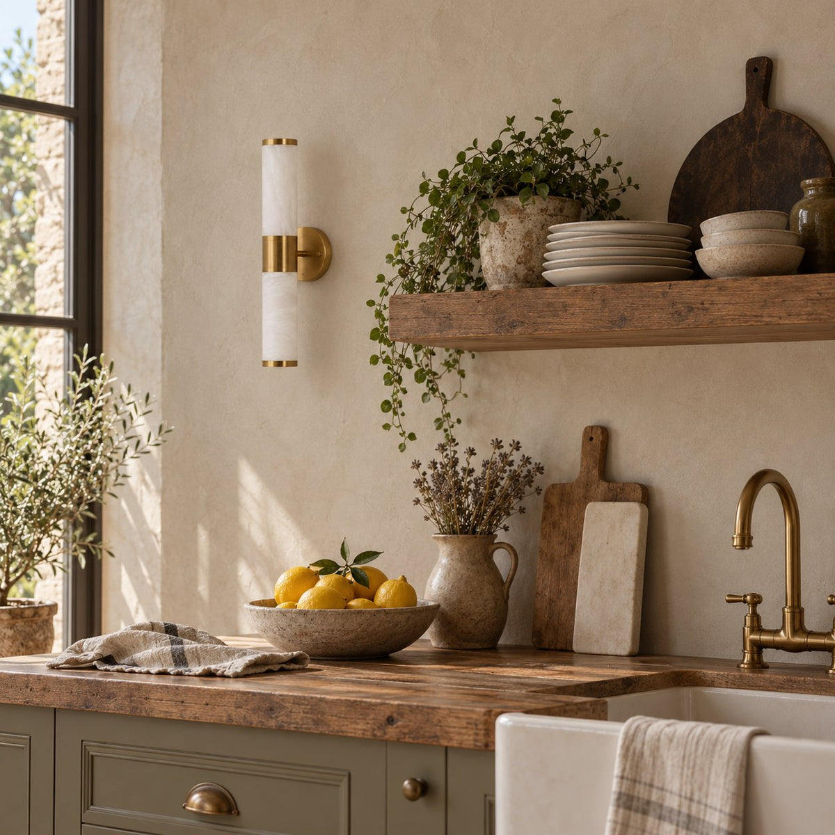 Beja alabaster wall sconce with brass bands in a kitchen beside cutting boards.