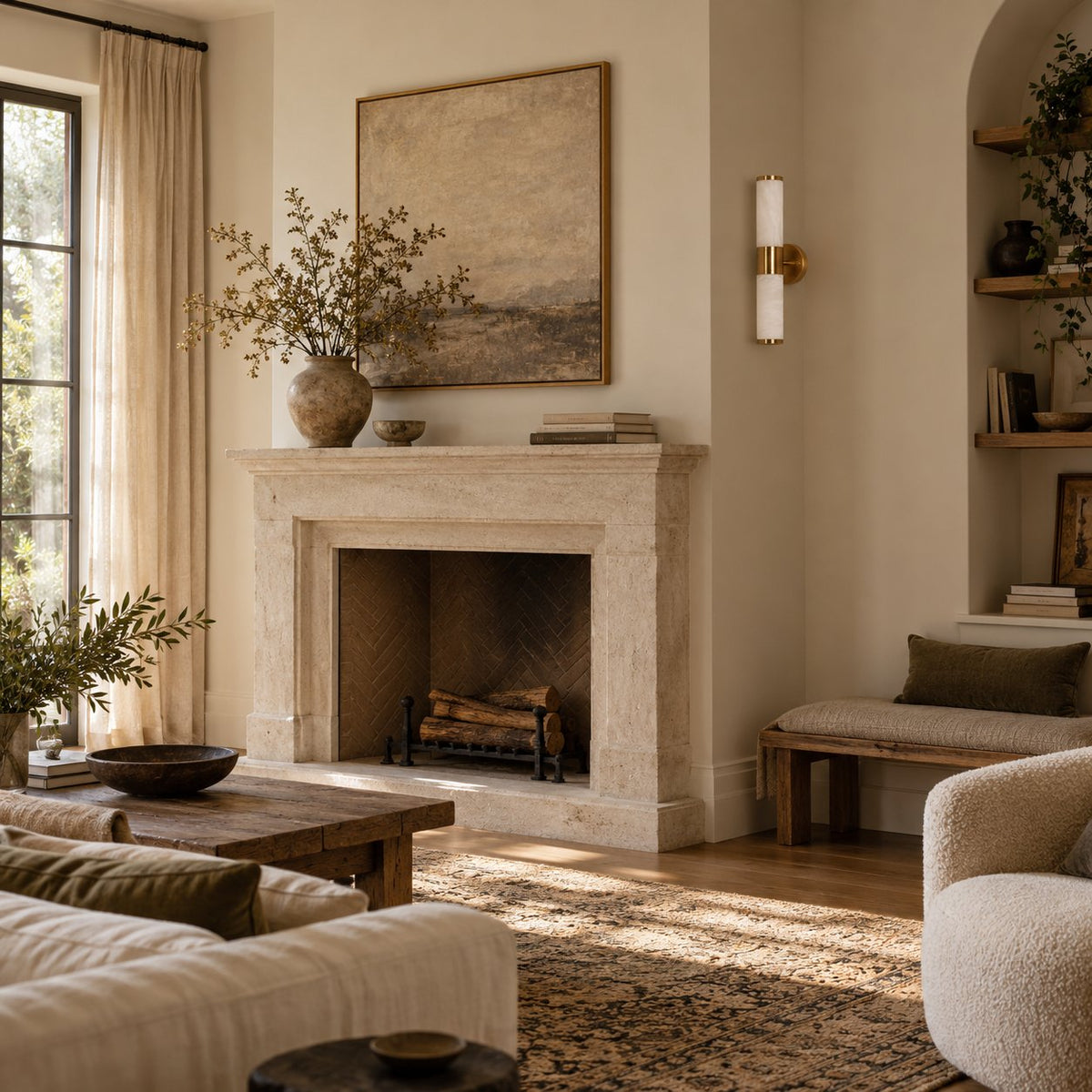 Beja alabaster wall sconce, a white cylinder with brass caps, beside a living room fireplace.