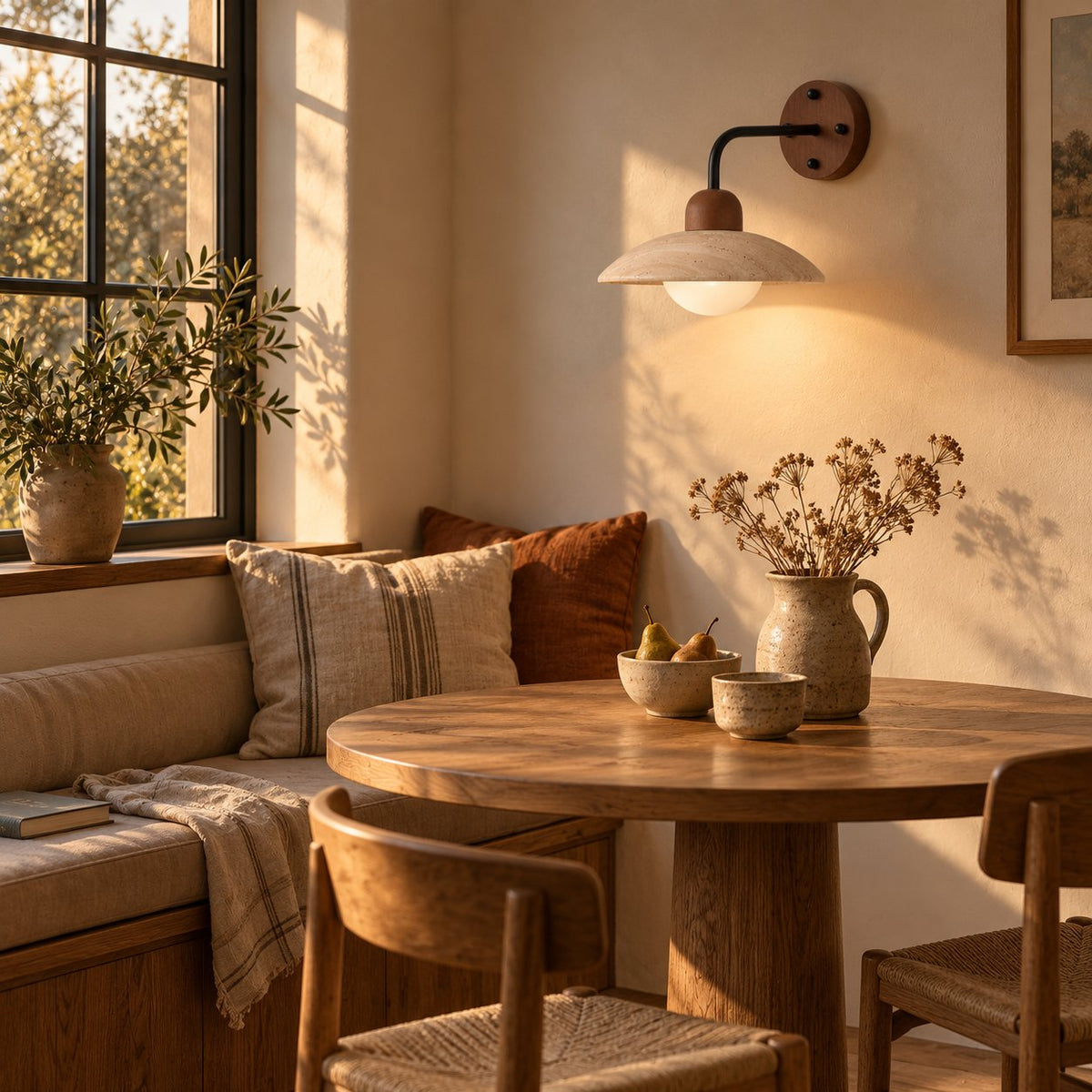 Boticas travertine dome arm sconce glowing warmly above a window dining nook at dusk.