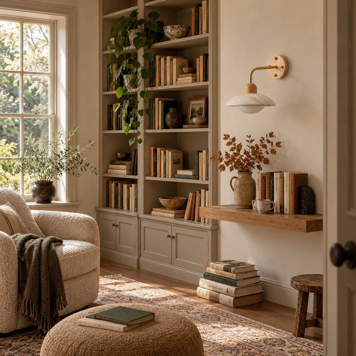 Boticas dome arm sconce with a white shade and brass arm above a shelf in a home library.