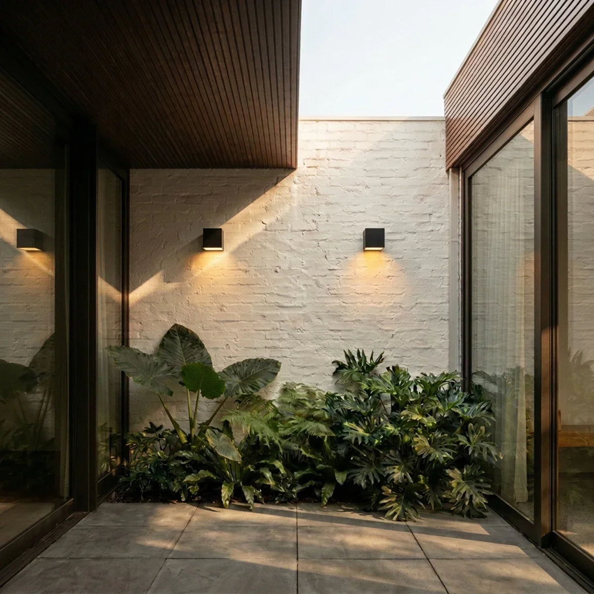 Clérachic black cube wall lights on a whitewashed brick courtyard wall, glowing warm above tropical foliage and paving.