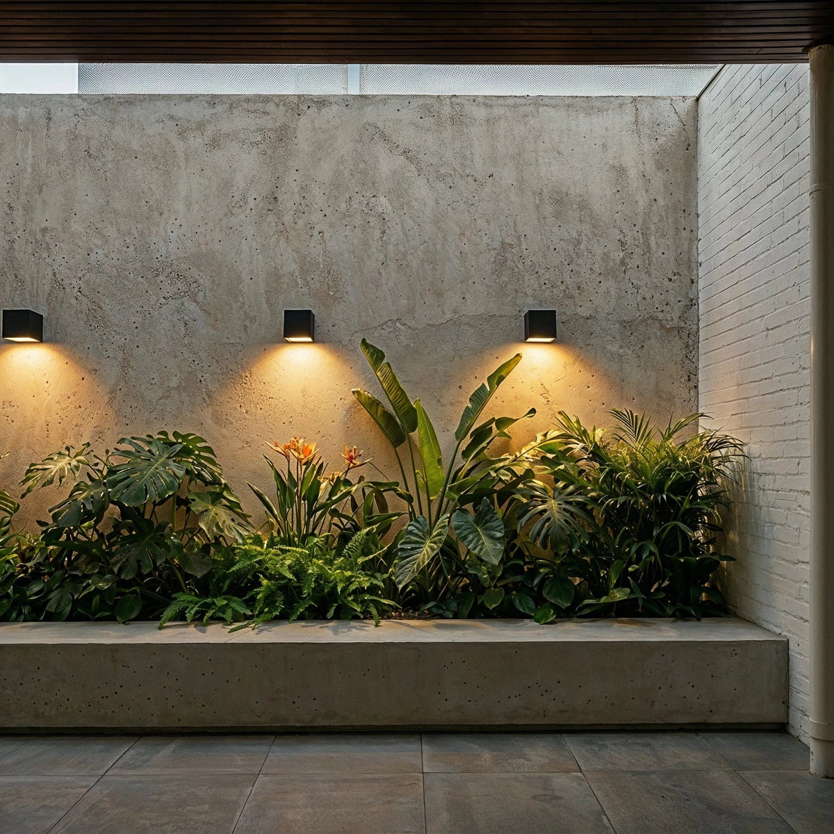 Three Clérachic black cube wall lights across a raw concrete wall above a planter bed, each washing the wall in warm light.
