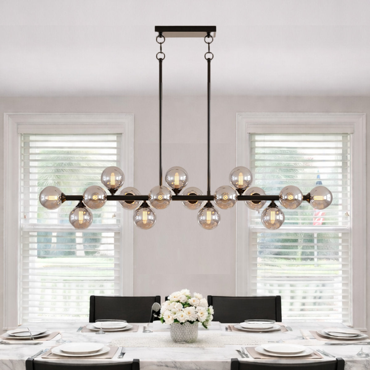 Orbit linear sputnik chandelier, matte black kitchen island light with 16 smoky glass globes