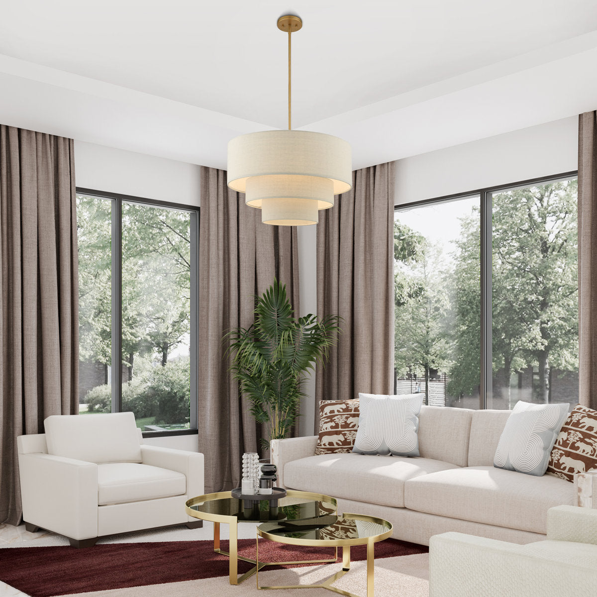 Strata tiered drum chandelier, 23 inch beige fabric shade with antique gold downrod and canopy