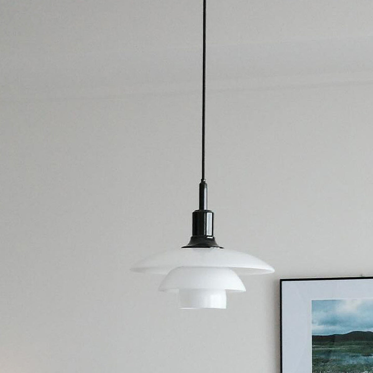 Three-Tier Opal Glass Pendant Light detail 02 opal glass and black hardware