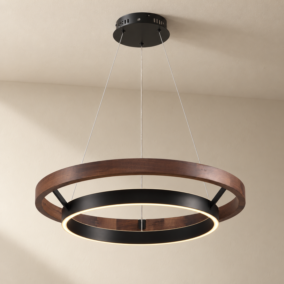 Circular LED Ceiling Light Wood Dual Ring Black Pendant Dimmable Modern Chandelier