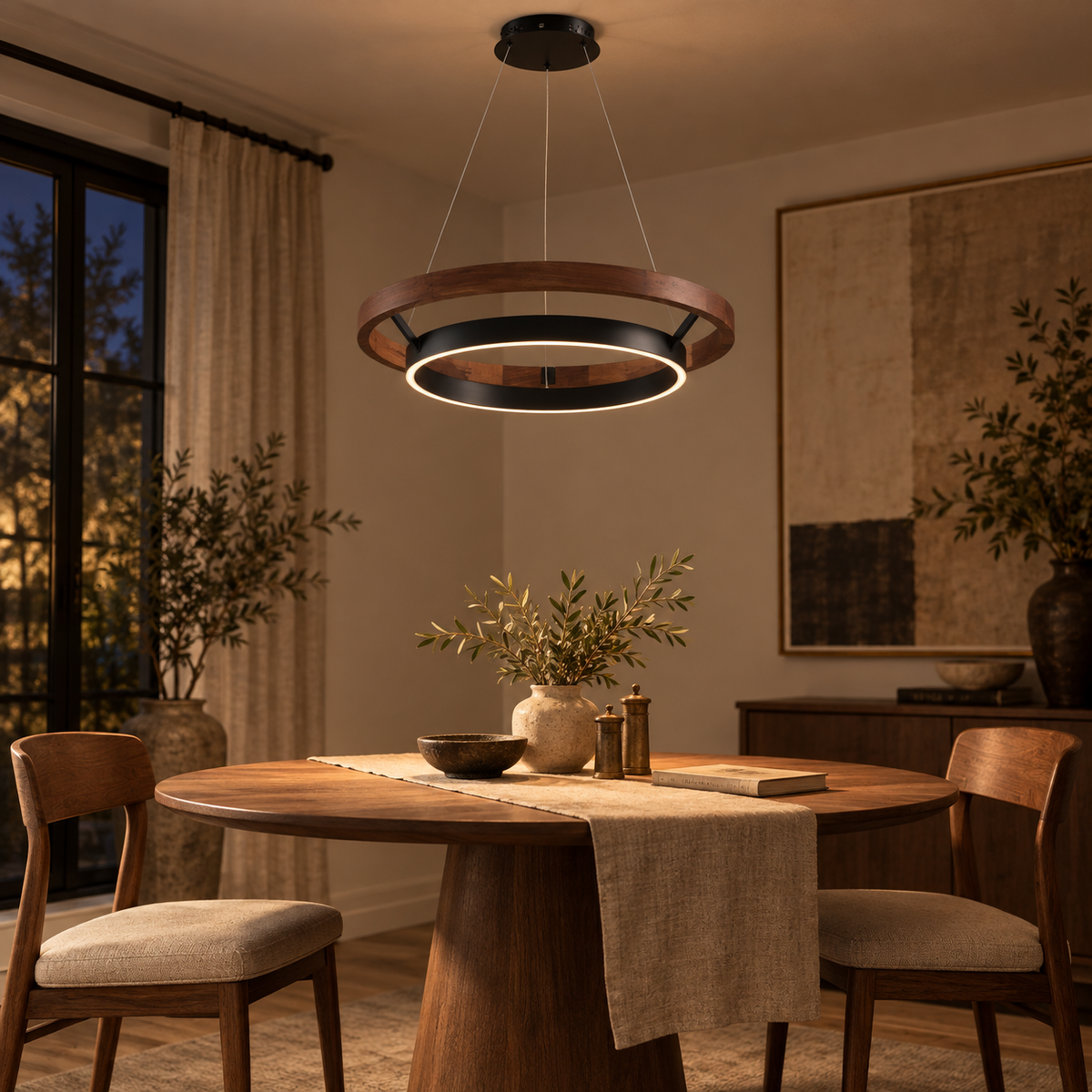 Espargos circular LED ceiling light in walnut, in a dining corner.