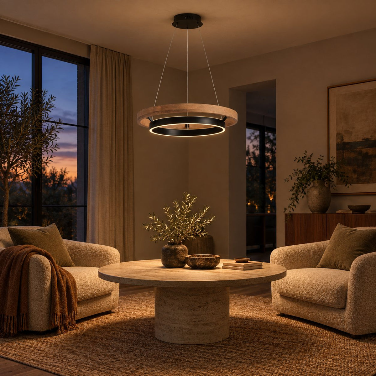 Espargos circular LED ceiling light, weathered wood, in a conversation corner.
