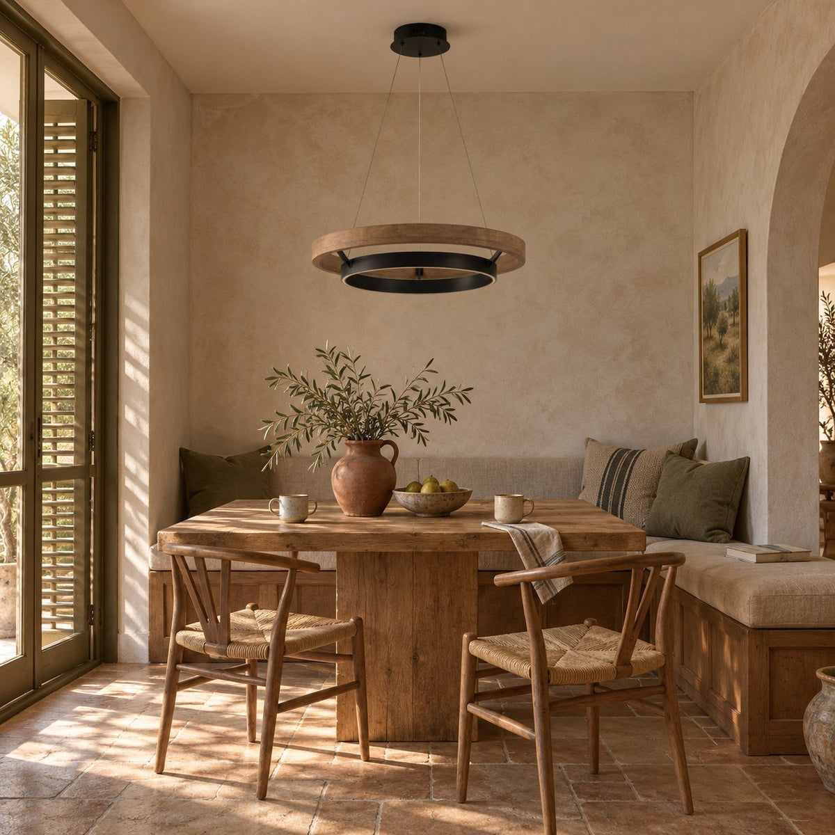 Espargos circular ceiling light with a wood ring and black band above a breakfast nook table.