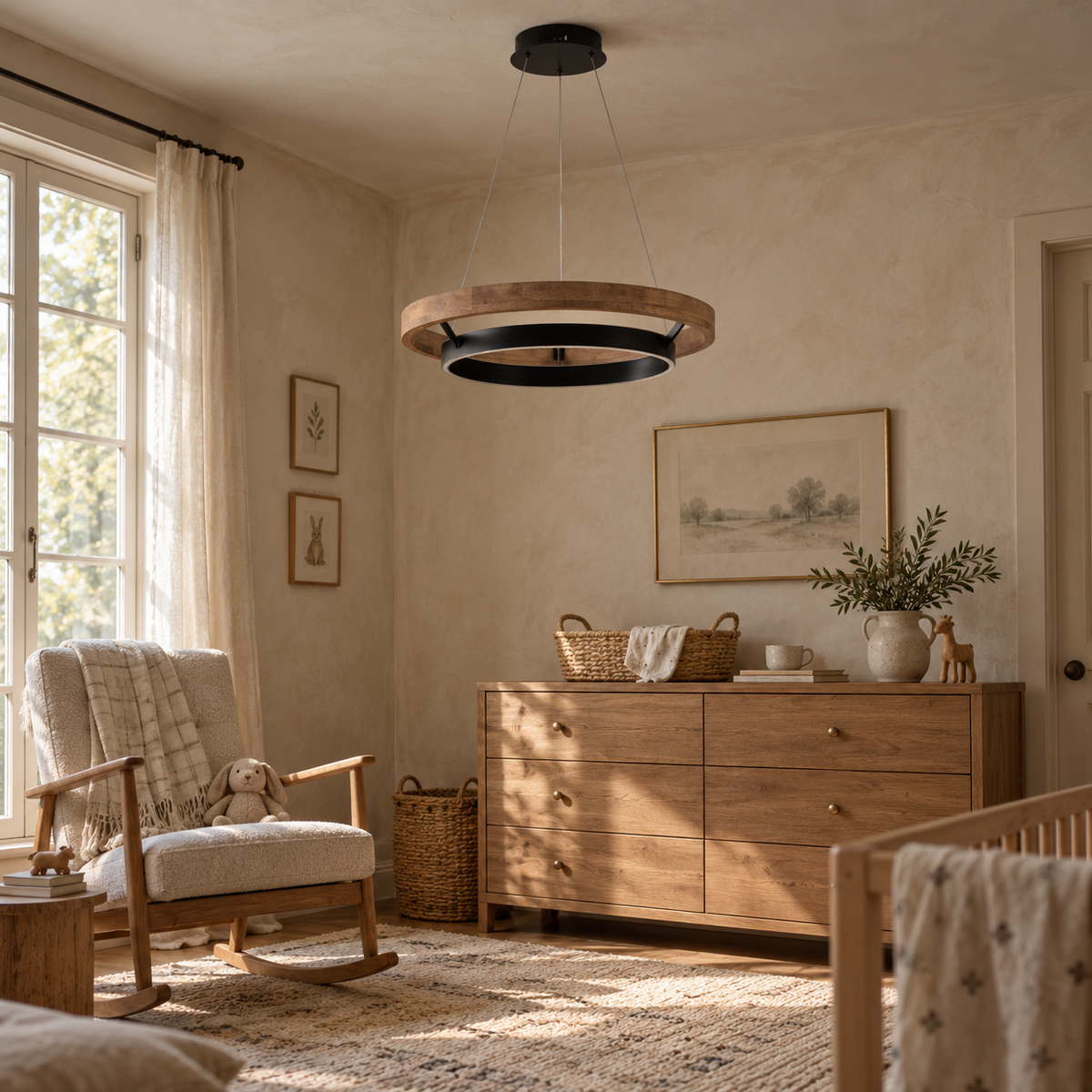 Espargos circular LED ceiling light, weathered wood, in a nursery.