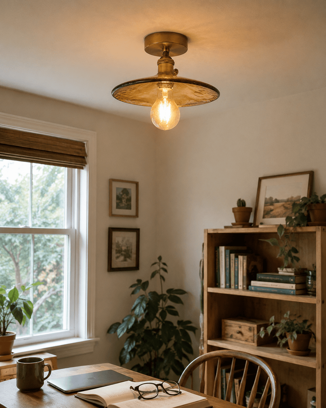 Lamp Ceiling Light Amber Glass Shade Flush Mount Brass Finish Vintage Edison Bulb