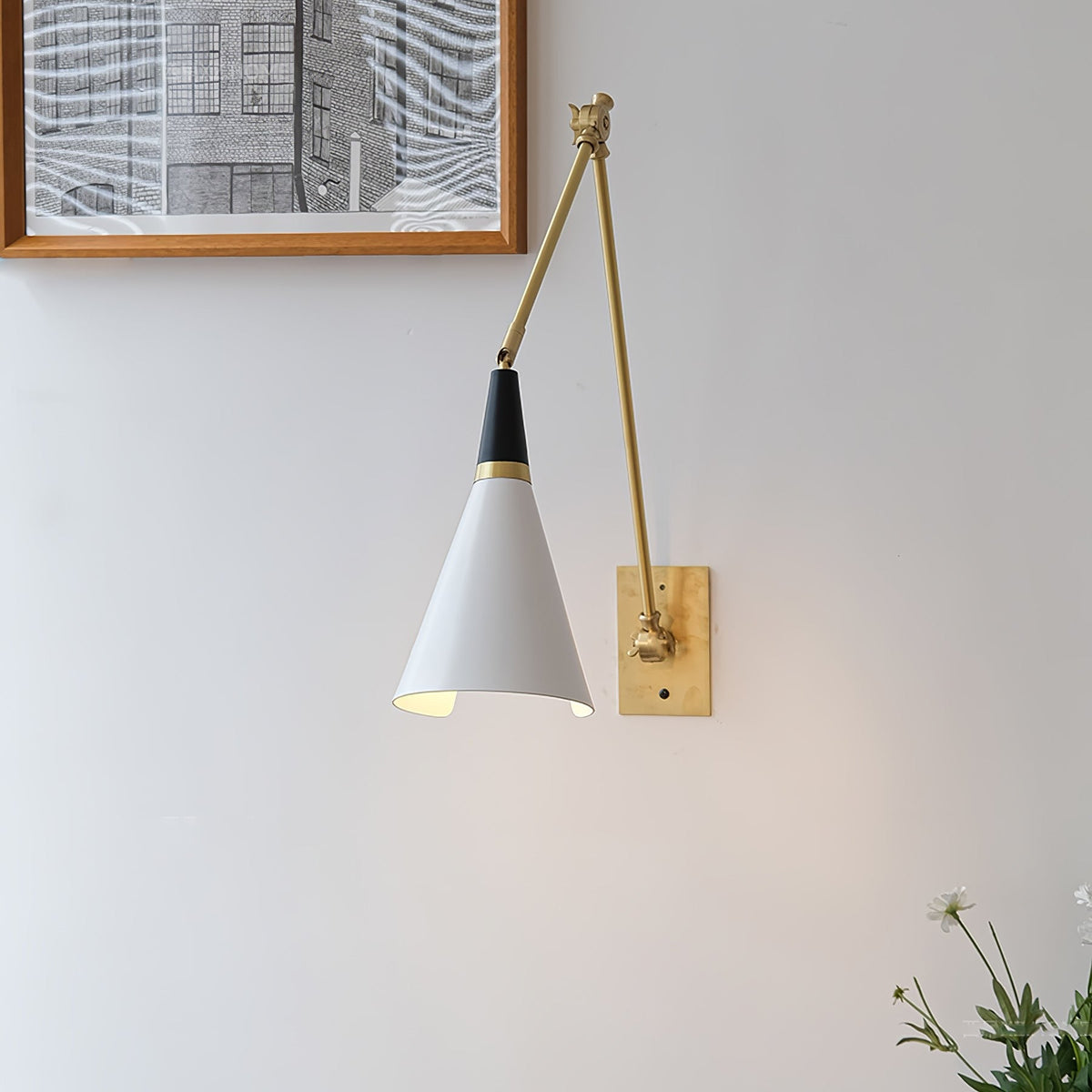 Full side profile of Almodôvar sconce arm and shade assembly