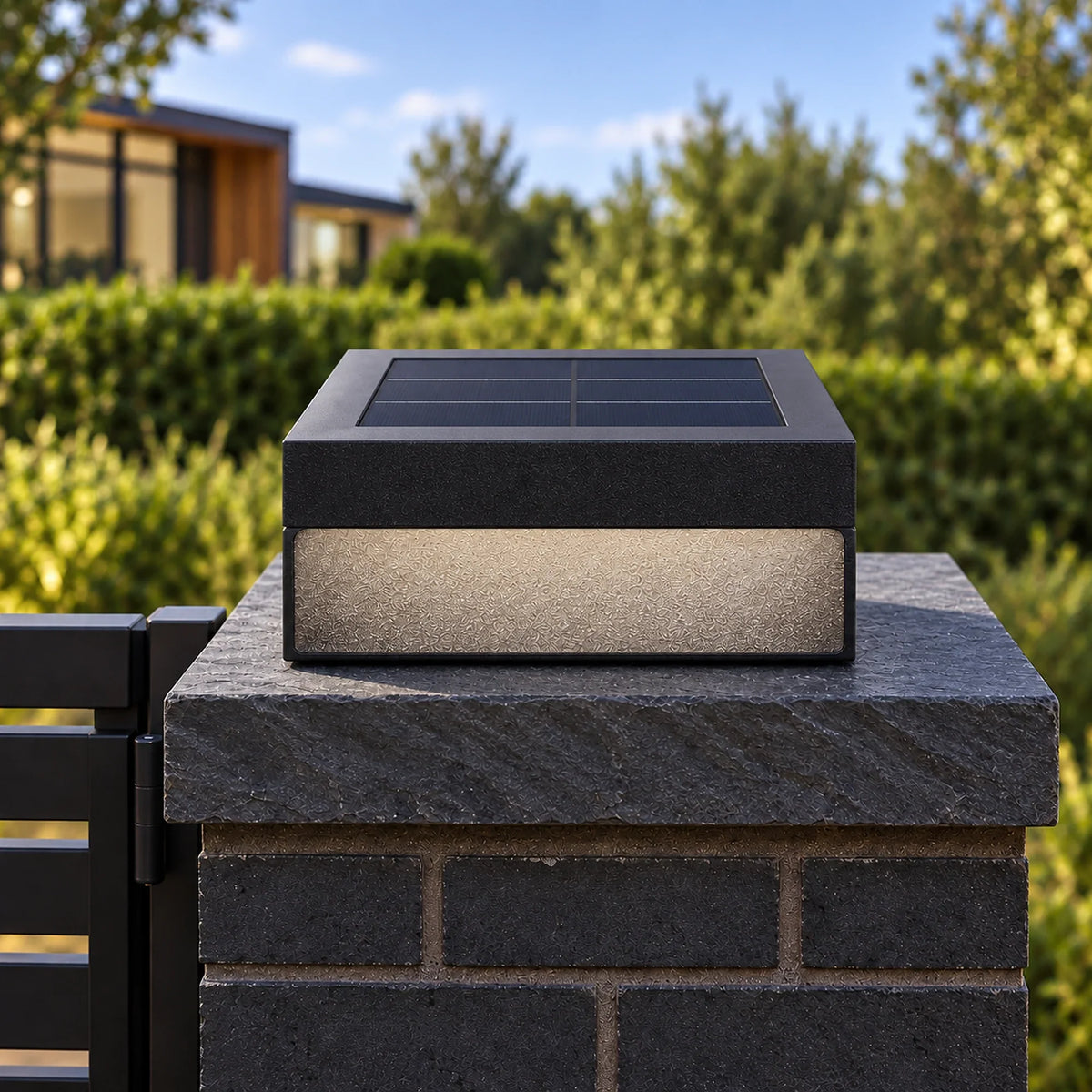 Heitz Plinthora Solar pillar light in a close front daylight view showing the inset panel.