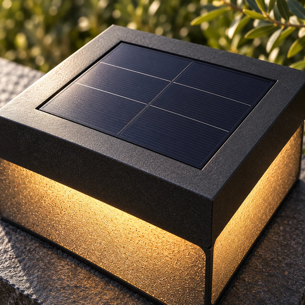 Heitz Plinthora close-up of the inset solar panel, black cap and acrylic band.