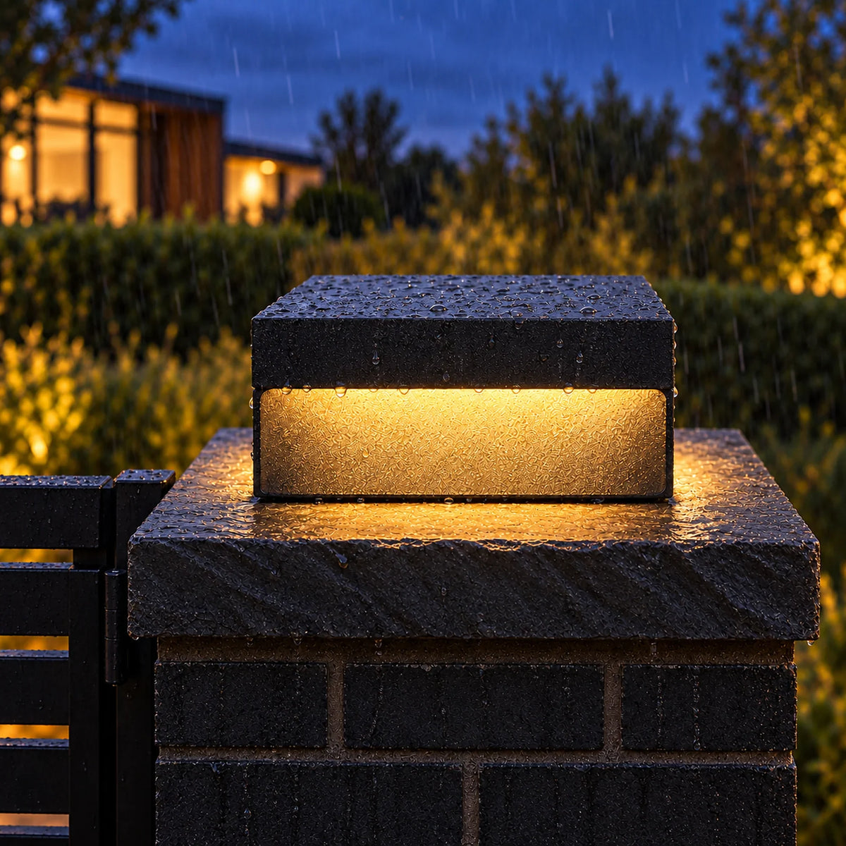 Heitz Plinthora Hardwired pillar light illuminated during rain, with water droplets on its black cap.