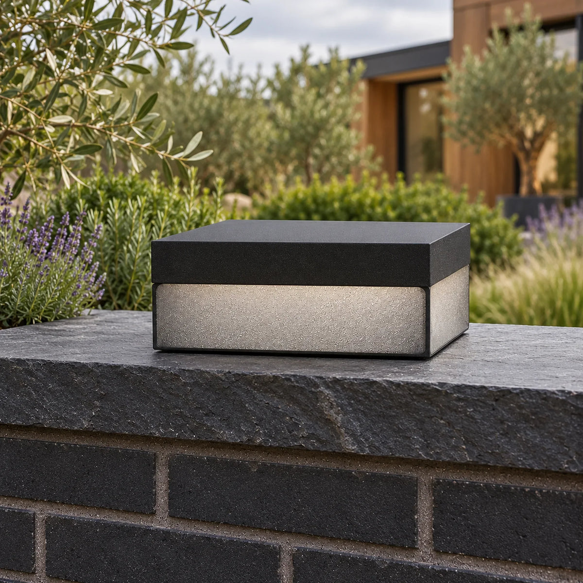Heitz Plinthora black Hardwired light on a garden wall top in daylight with the LED off.