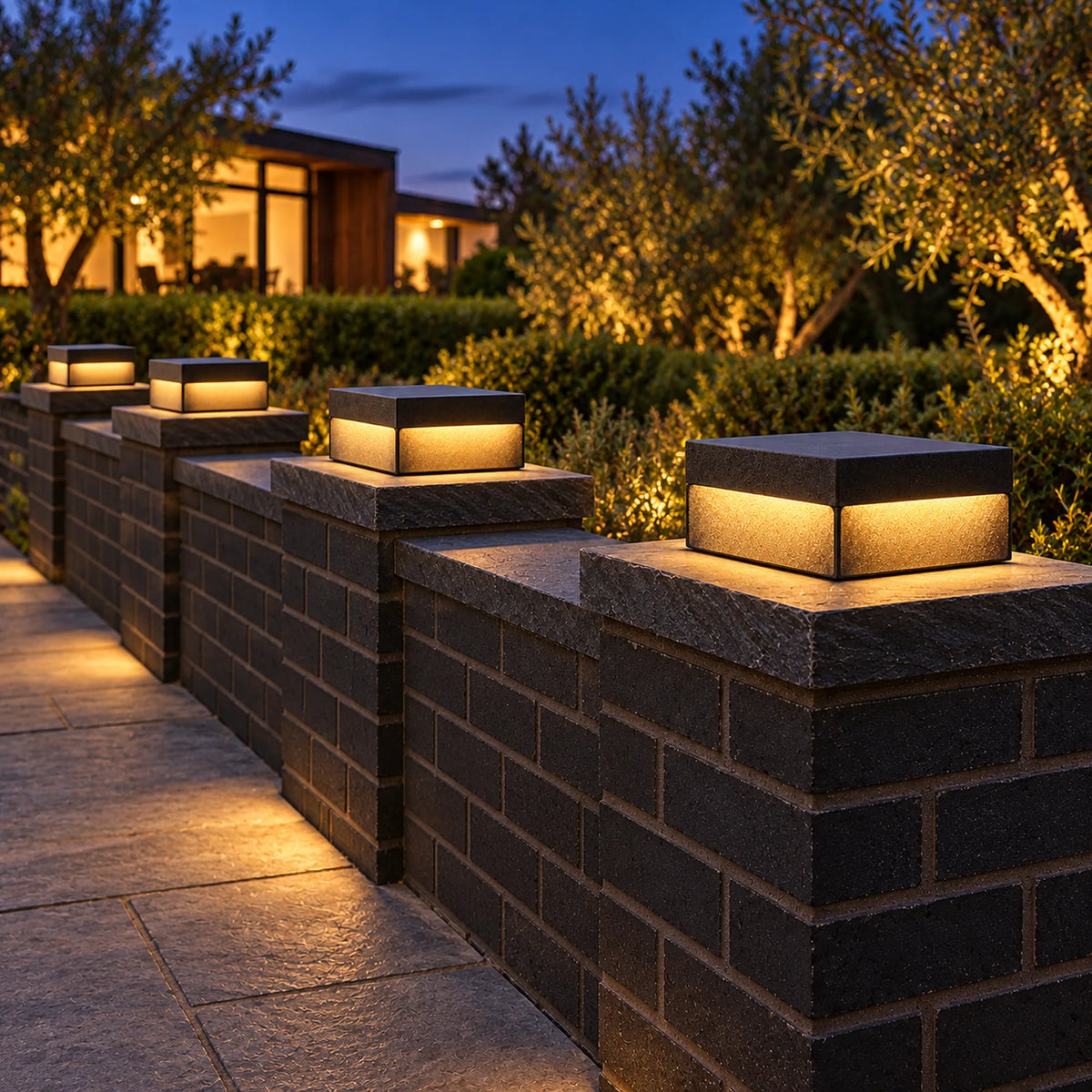 Four Heitz Plinthora lights mounted on piers along one continuous garden boundary wall; installation idea, one fitting per purchase.