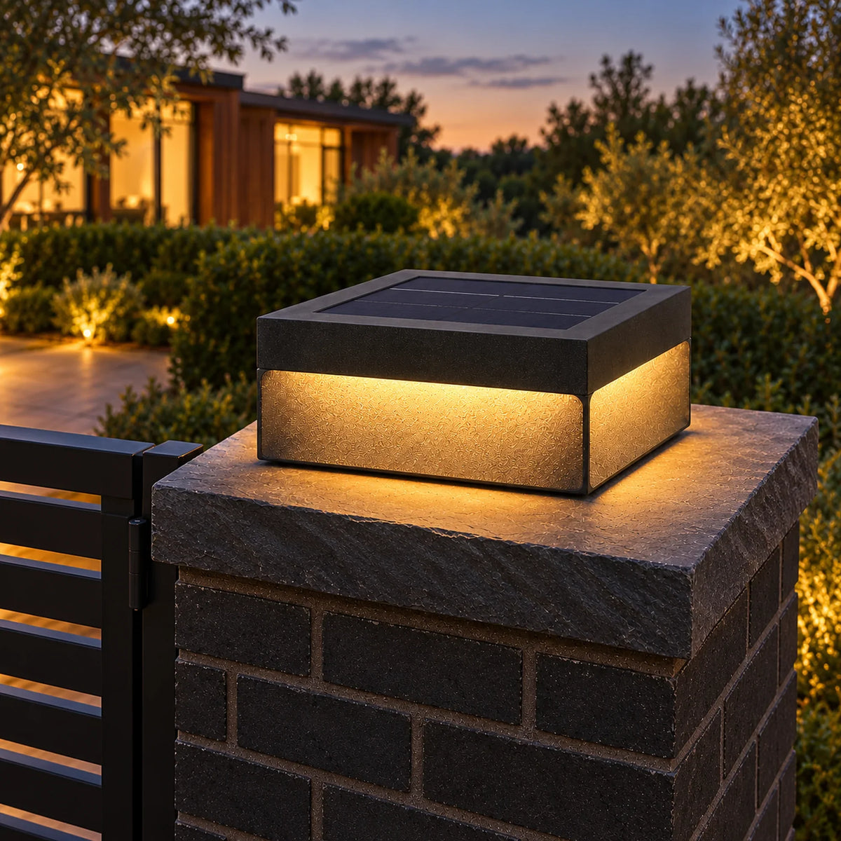 Heitz Plinthora Jumbo Solar black pillar light on a substantial entrance pillar with the top panel visible.