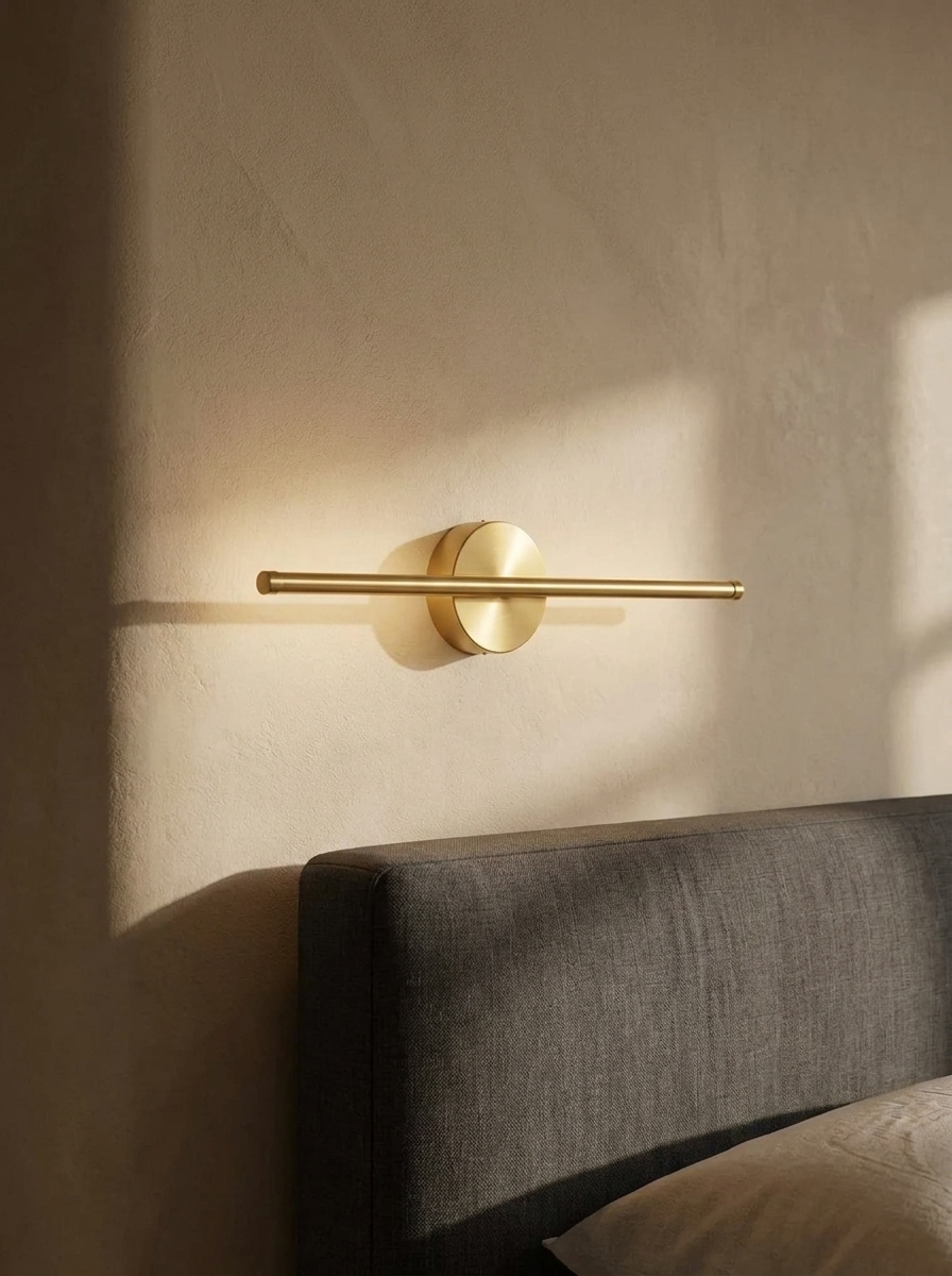 The sconce mounted above a linen headboard in a minimal bedroom