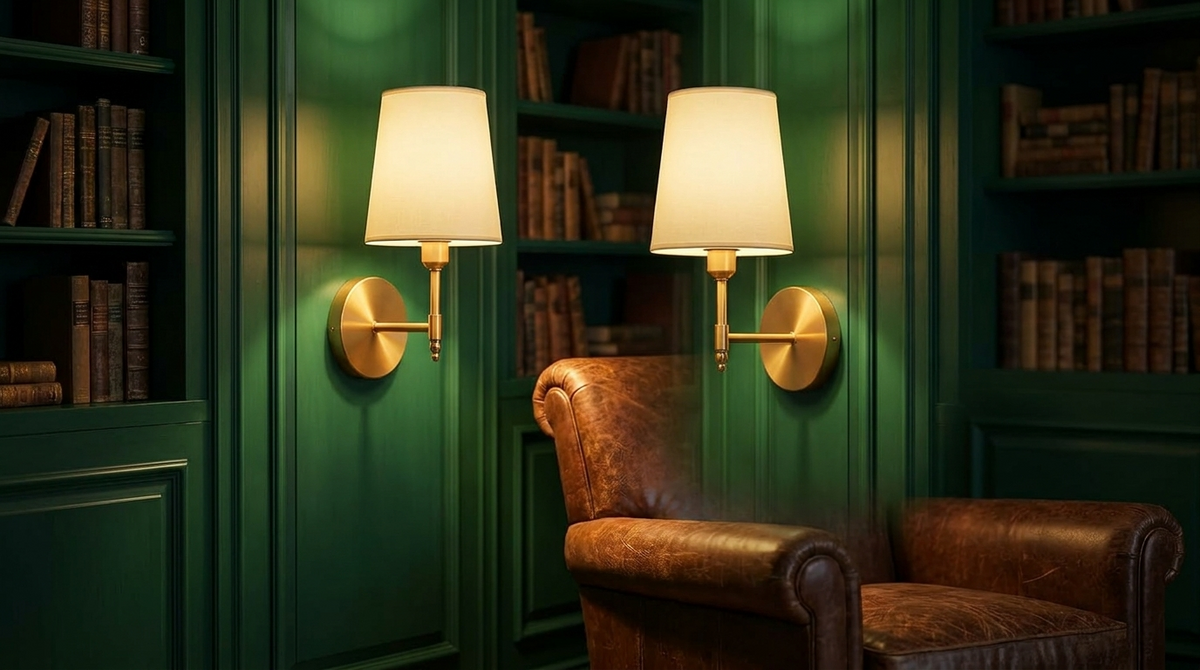 The sconce on a deep green panelled wall in a study, lit in the evening