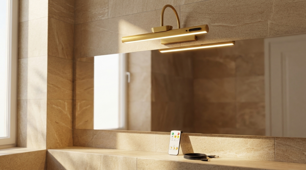 The light mounted above a bathroom mirror in a stone-tiled bathroom