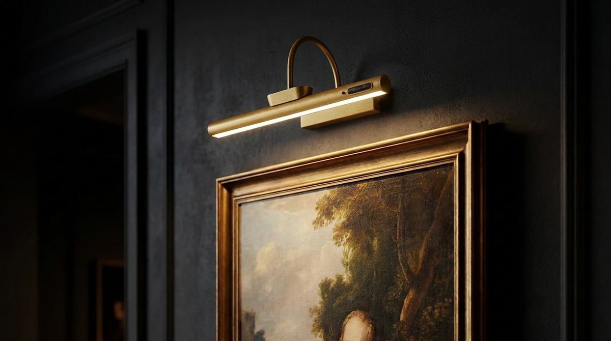 The picture light above a large oil painting on a charcoal gallery wall