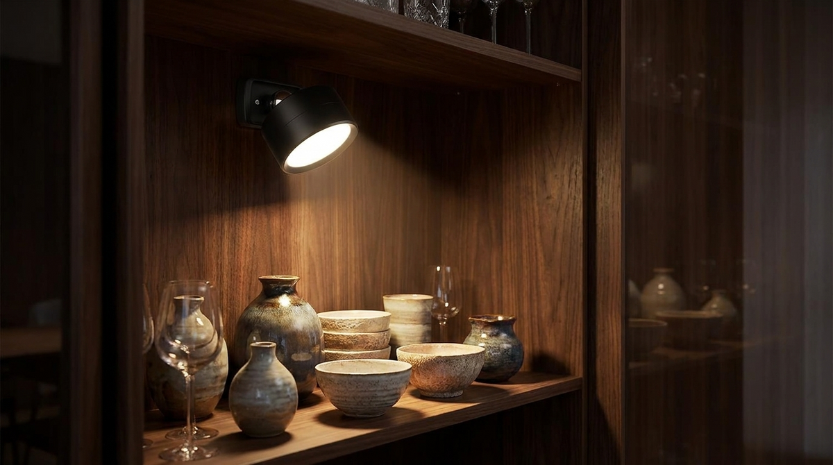 The spotlight inside a walnut display cabinet lighting ceramics