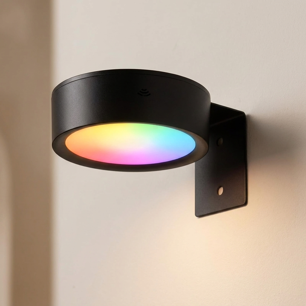 Magnetic picture light in black with RGB on a pale bone wall