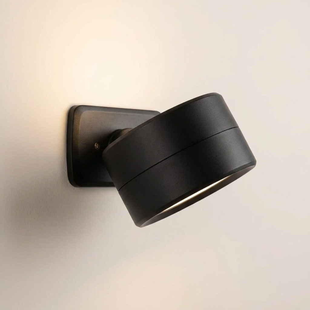 Magnetic picture light in black on a pale bone wall