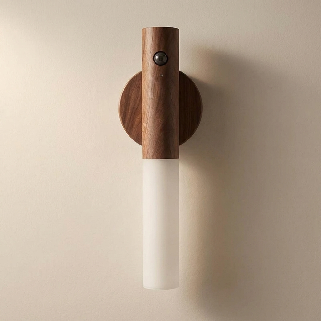 Magnetic picture light in walnut on a pale bone wall
