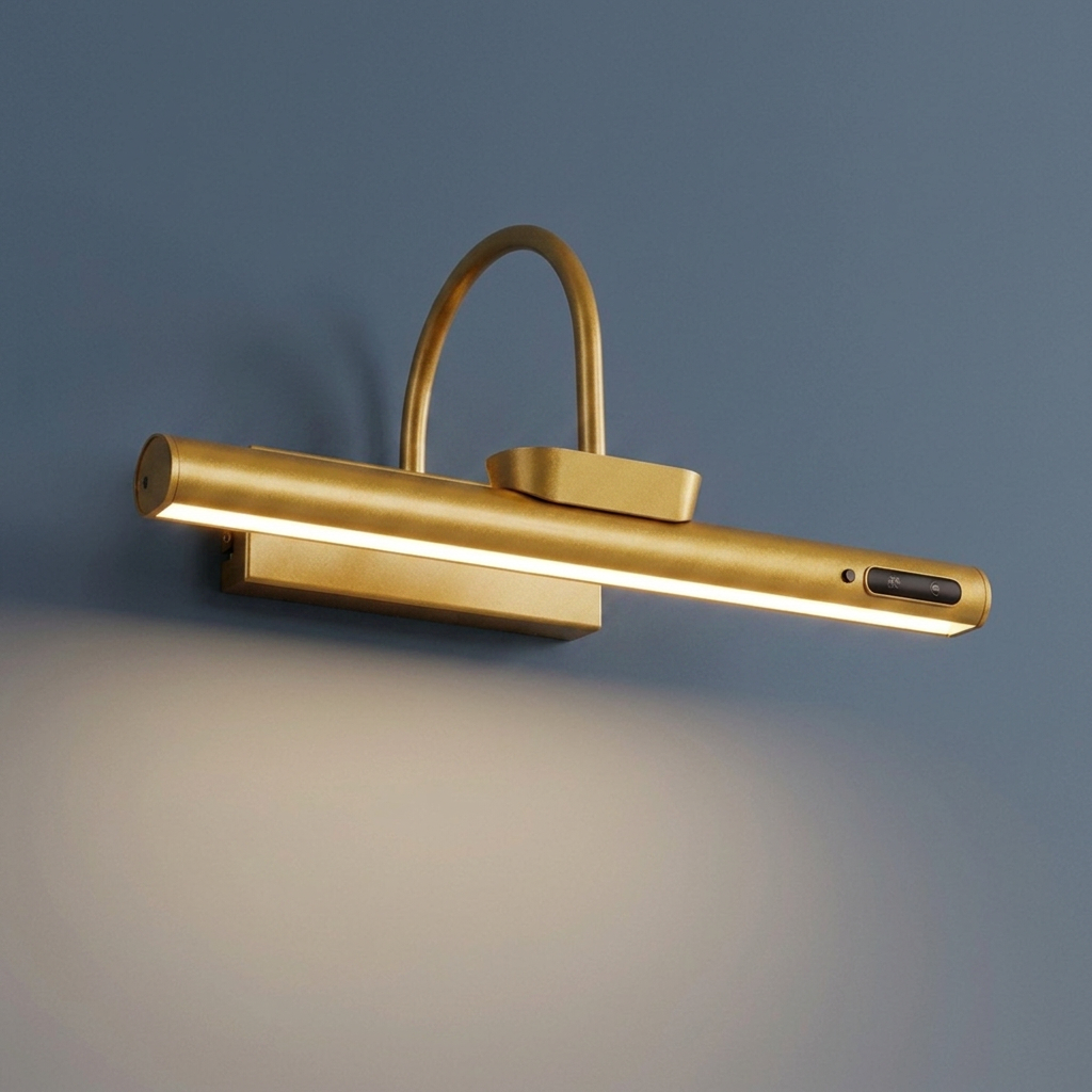Battery picture light in gold on a deep slate blue wall