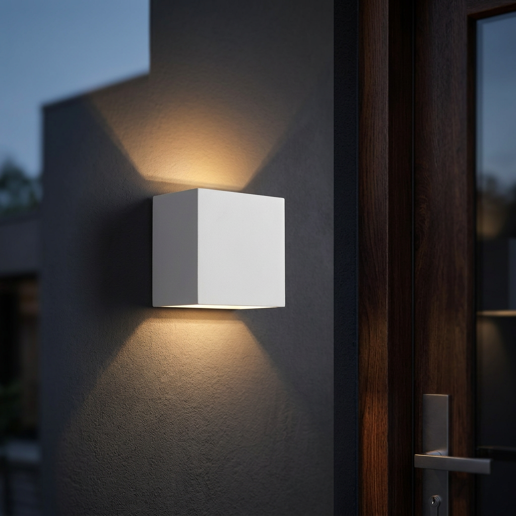 Up and down sconce beside a timber front door