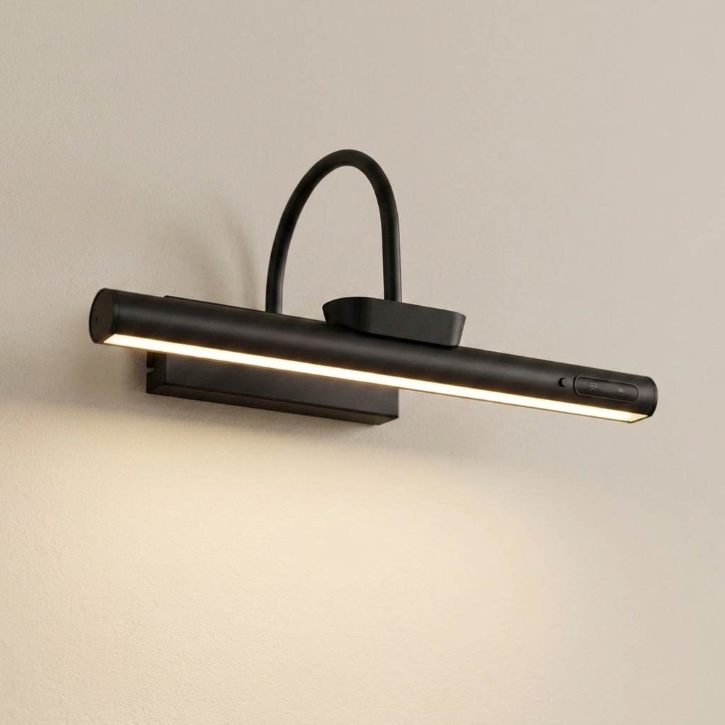Battery picture light in black on a bone plaster wall