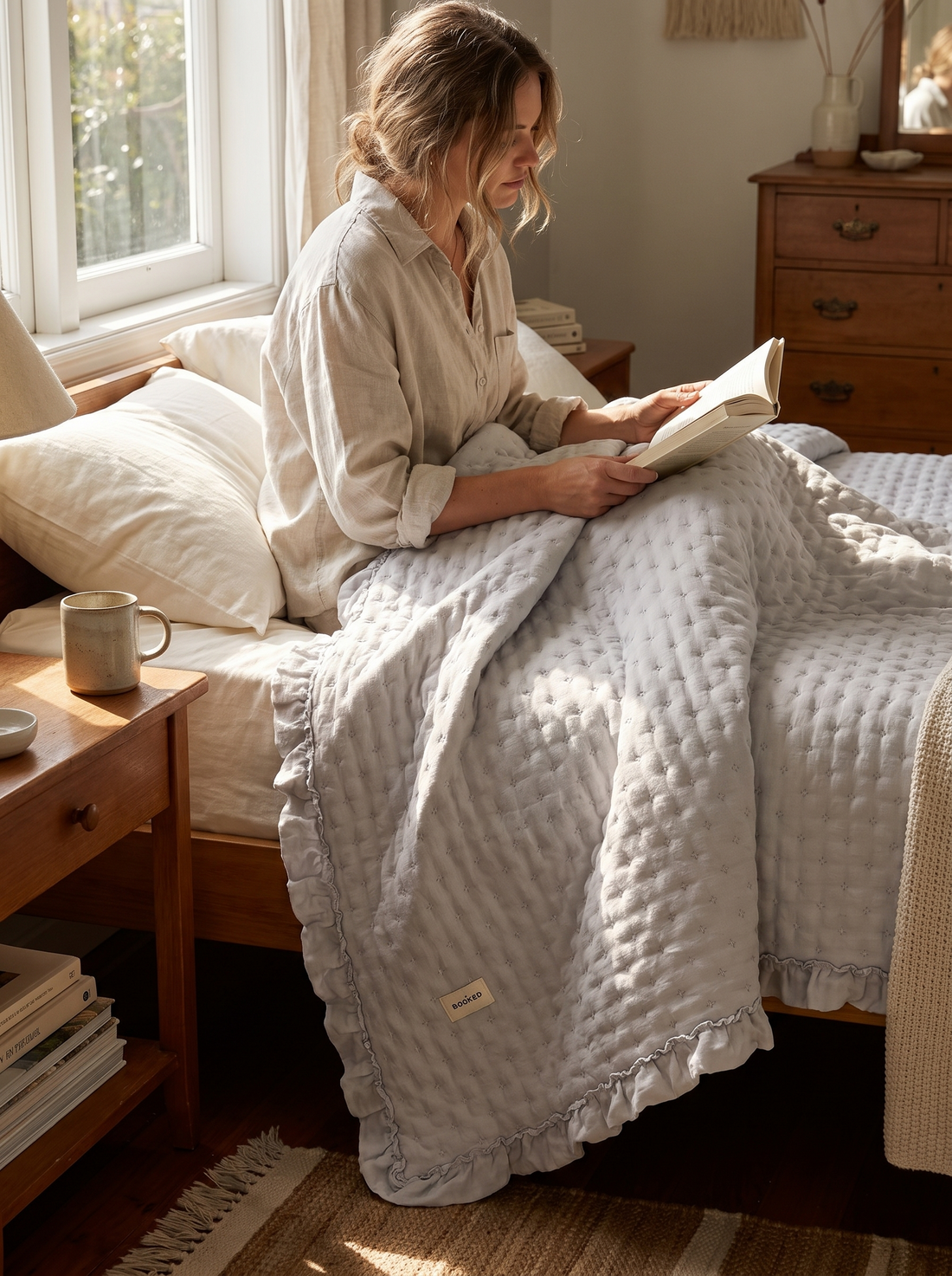 Ruffle Scalloped Edge Quilted Bedspread Coverlet Diamond Stitch Reversible Bedding