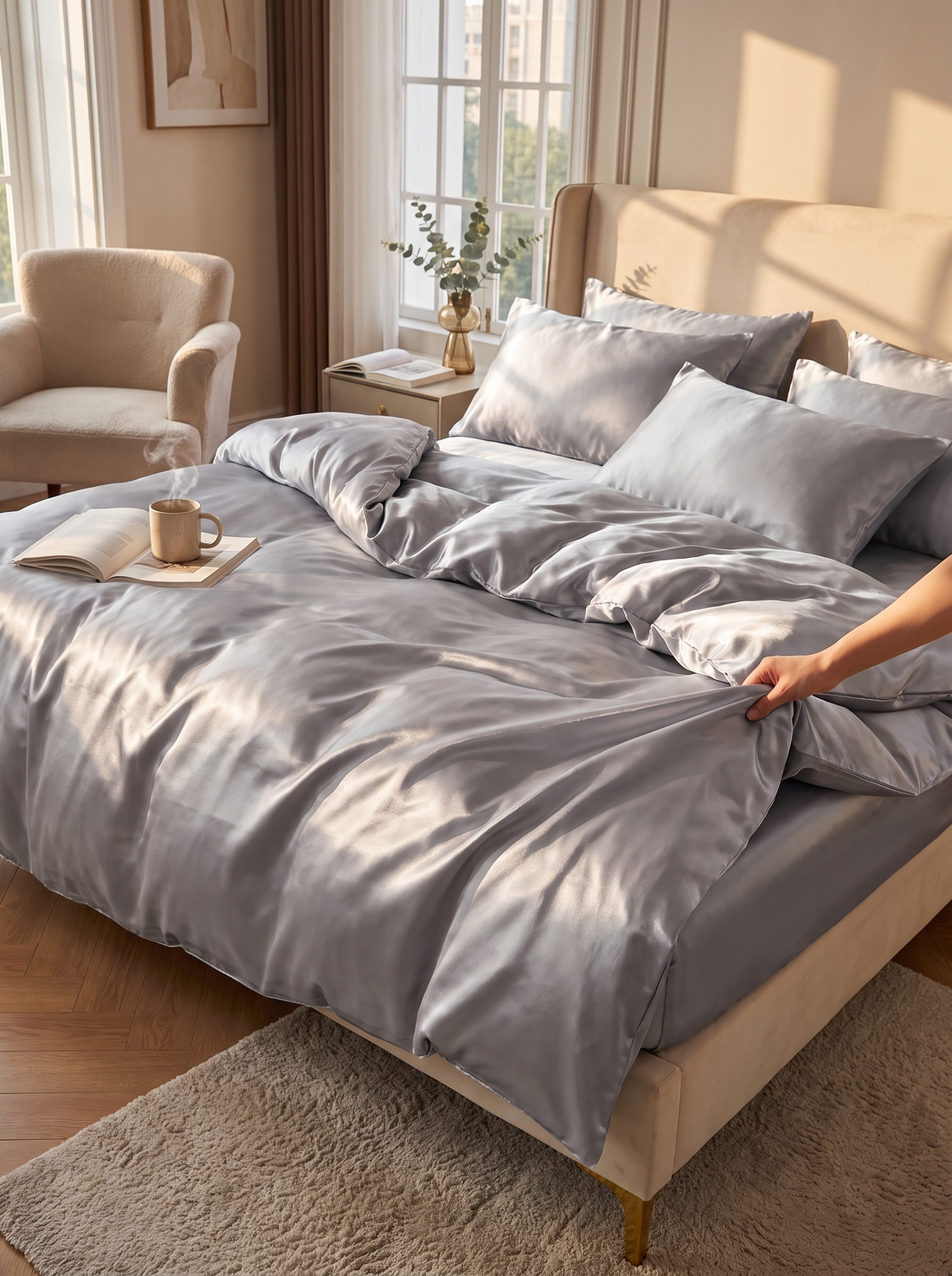 Satin Silk Duvet Cover Set Solid Color Pillowcases Quilt Cover Bedroom Bedding Set