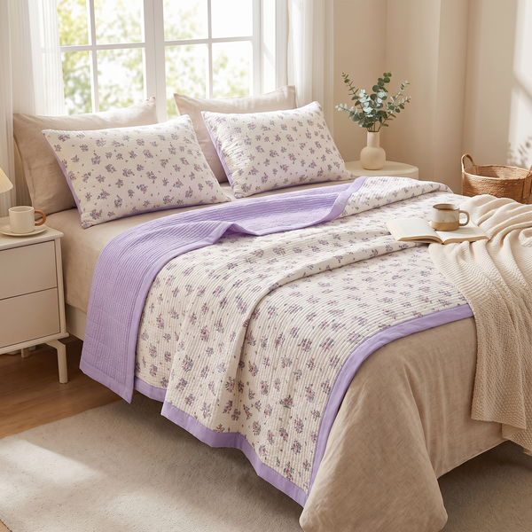 Floral Quilted Bedding Set 3 Piece Reversible Coverlet Pillow Shams Purple Trim